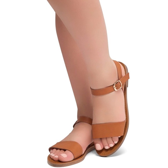 Cognac Open Toes One Band Ankle Strap Flat Sandals - Picture 2 of 7